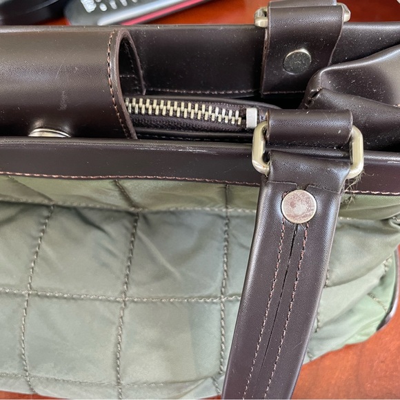 Jones New York Olive Green Quilted Purse with dark leather handles and bottom. - Picture 4 of 5